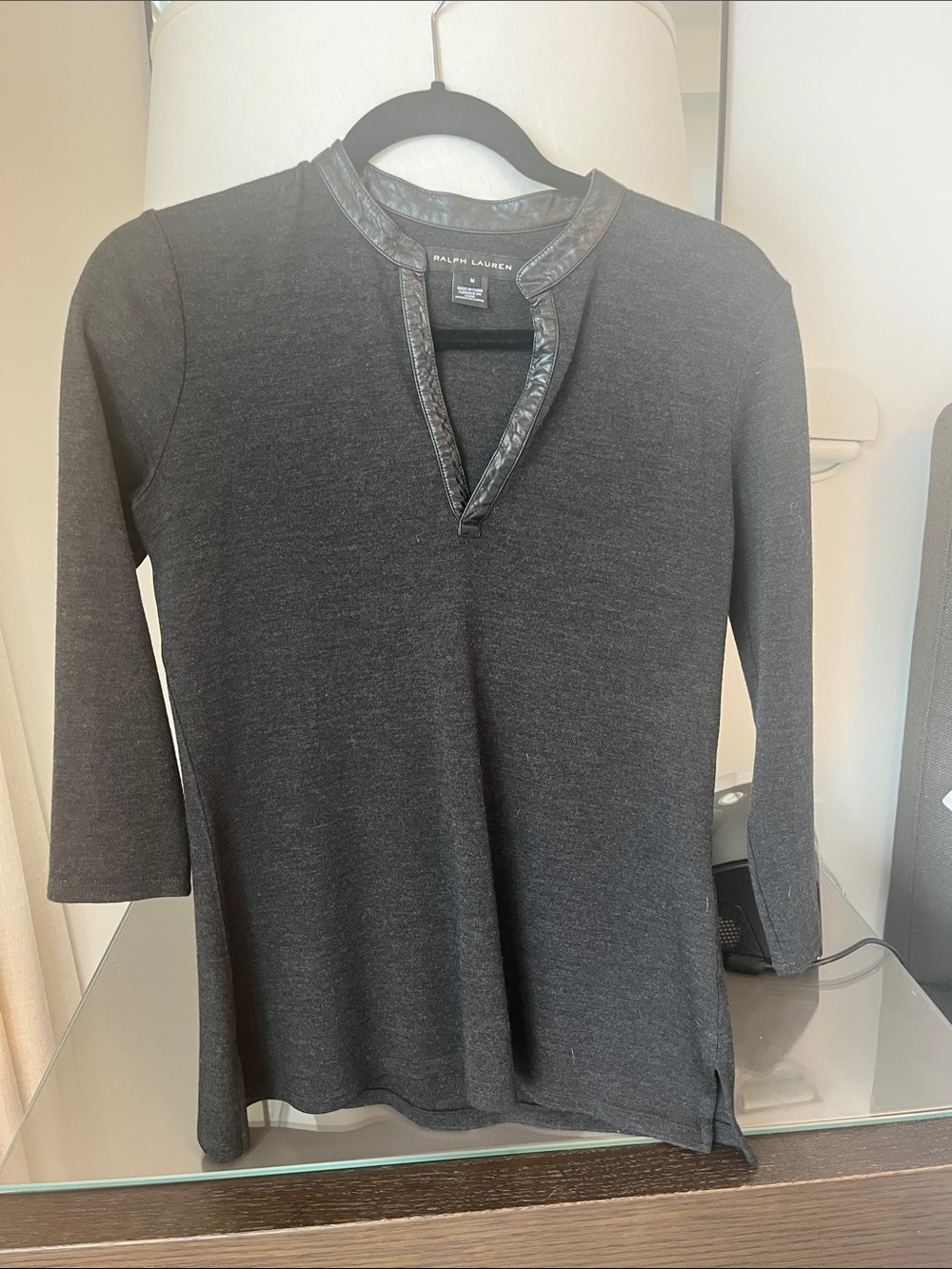 Ralph Lauren Black Long Sleeve Knit Top with Faux Leather Trim